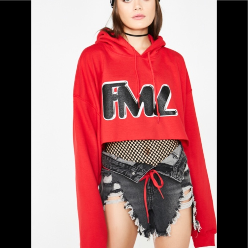 Petals and Peacocks Graffiti Crop Hoodie “FML” S NWOT